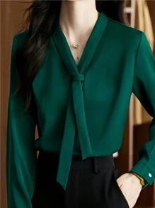 INAWLY Women's Solid Color V-Neck Shirt/Blouse,Long Sleeve Tops Fall Cloth For Women - Green - View 3