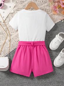 SHEIN Young Girl Cute Cartoon Character Printed Knitted Short Sleeve Top And Shorts Set - Pink - View 2