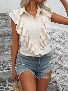 SHEIN LUNE Women's Solid Color Single Breasted Shirt With Ruffle Hem - Apricot - View 4