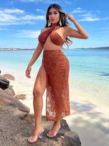 SHEIN SXY Women's Jacquard Cross Halter Crop Top And High-Slit Midi Skirt Set