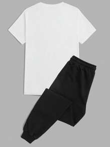RueChic Men Letter Graphic Tee & Drawstring Waist Sweatpants - Black and White - View 2