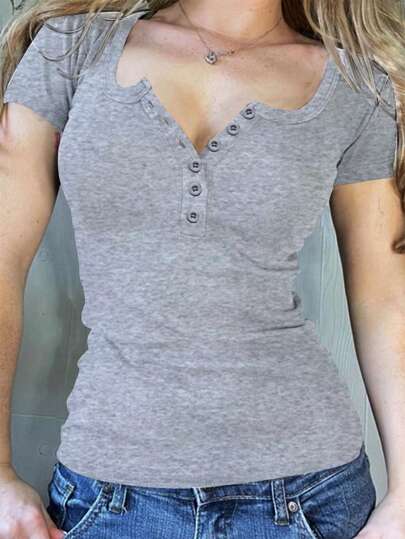 INAWLY Damen Einfarbiges T-shirt Mit Halber Knopfleiste Und Kurzen Ärmeln
