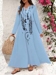 Breezaya Feather Print Notched Collar Loose Casual Dress Maxi Vacation Beach Outfits Women