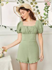 SHEIN Teen Girls' Cinching Waist Ruffle Trimmed Romper With Puff Sleeves - Green - View 1