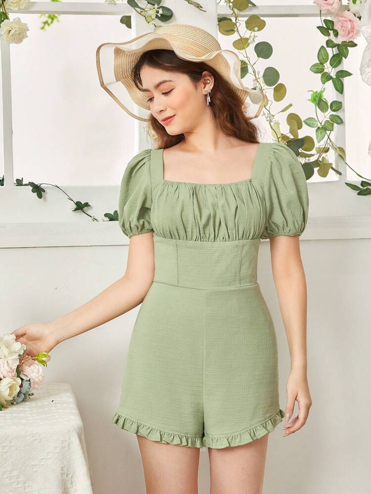 Teen Girls' Cinching Waist Ruffle Trimmed Romper With Puff Sleeves