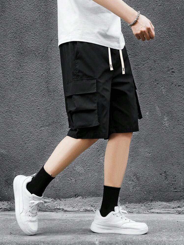 Men's New Summer Casual Sports Solid Color Drawstring Waist Cargo Shorts - Black - View 6