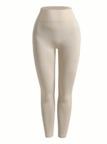 SHEIN Sports 純色高腰運動打底褲 - 米色 - 查看 7