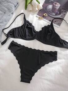 Solid Color Spaghetti Strap Bra & Panty Underwear Lingerie Set - Black - View 1