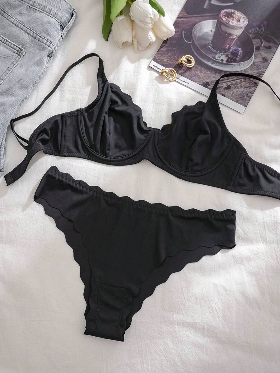 Solid Color Spaghetti Strap Bra & Panty Underwear Lingerie Set - Black - View 1