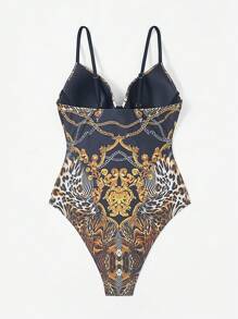 SHEIN Swim Summer Women's One Piece Swimsuit With Steel Wire And Printed Splicing Design