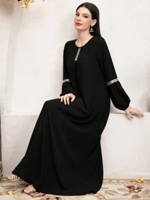 Al Najma Váy Ả Rập dài tay hở vai lấp lánh chắp vá cho nữ - màu đen - Xem 7