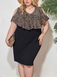 SHEIN CURVE+ Women'S Plus Size Leopard Print Patchwork Off-Shoulder Split Sleeve Bodycon Dress - Multicolor - View 7
