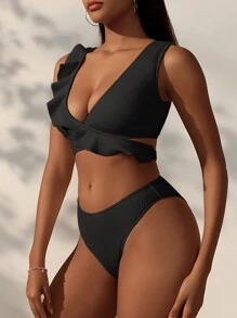 SHEIN Swim 夏日沙灘女士交叉綁帶比基尼套裝，帶有褶邊設計