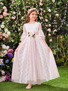 SHEIN Summer Elegant And Stylish Lace Patchwork Dress With 3d Flower Decoration For Tween Girls - White - View 8