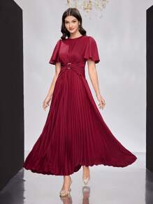 Modelyn 勃艮第红色女士圆领荷叶边短袖褶皱下摆连衣裙，优雅晚会礼服长款晚礼服