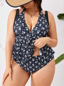 SHEIN Swim Curve Plus Size Summer Allover Printed Vest Style Tankini, Bathing Suit Beach Outfit Vacay Vibe - Multicolor - View 4