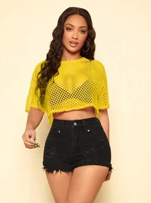 SHEIN SXY Solid Color Hollow Out Round Neck Loose Short Sleeve Top - Yellow - View 3