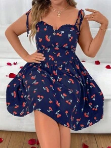 SHEIN SunnyBelle 大尺碼女士櫻桃印花肩帶系帶背心裙 - 藍色 - 查看 5