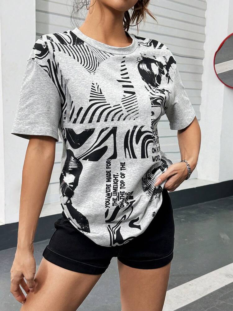 Grey Round Neck Printed T-Shirt