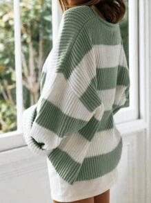 Women's Drop Shoulder Long Sleeve Round Neck Striped Sweater - Green - View 3