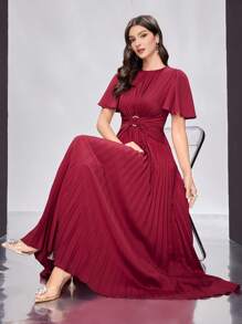 Modelyn 勃艮第红色女士圆领荷叶边短袖褶皱下摆连衣裙，优雅晚会礼服长款晚礼服