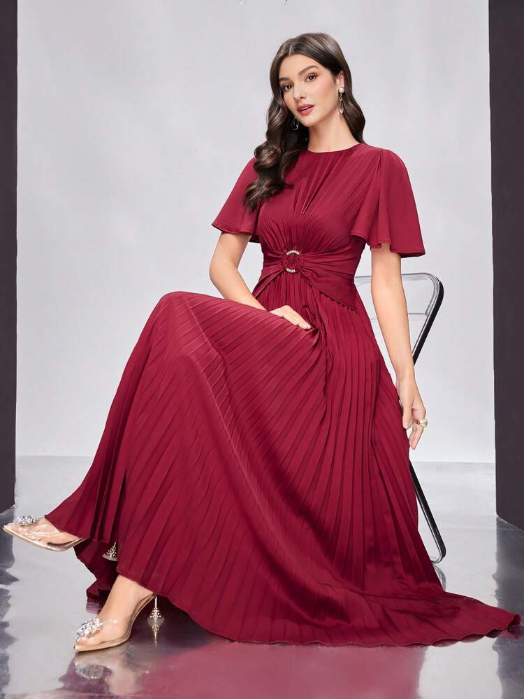Burgundy Red Women's Round Neck Ruffle Short Sleeve Pleated Hem Dress,Elegant Evening Party Dress Long Evening Dresses