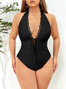 SHEIN ICON Body De Talla Grande Con Tirantes Halter, Detalle De Encaje Y Parches De Tela