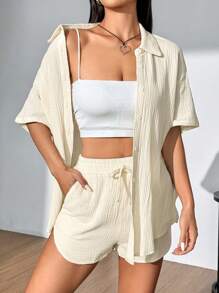 Flirla Women's Apricot Short Sleeve Shirt And Shorts Set - Apricot - View 4