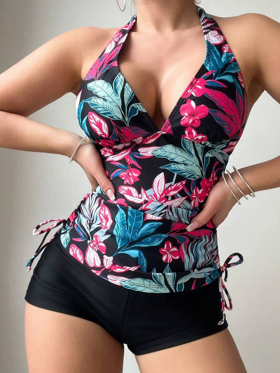SHEIN Swim 女士植物印花露背分体泳衣，适合夏季、海滩、游泳 - 彩色 - 查看 1