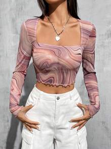 SHEIN EZwear In Đá cẩm thạch Lưới mỏng Thon gọn Quần skinny Áo thun - Màu Hồng  San hô - Xem 6