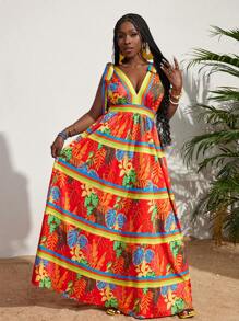 Slaydiva Tropical Printed V-Neck Cinching Waist Dress - Multicolor - View 8