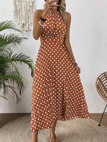 Breezaya Women's Polka Dot Halter Sleeveless Dress Maxi Vacation Beach Outfit