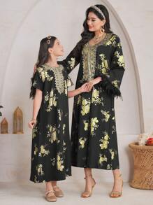Al Najma 1 đầm nữ in hoa sang trọng & ren & váy kiểu Ả Rập có tay loe - màu đen - Xem 8