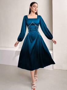 Modelyn Jewel Neck A-Line Dress With Lantern Sleeve And Rhinestone Decorated Waist Maxi Women Outfit - Teal Blue - View 6
