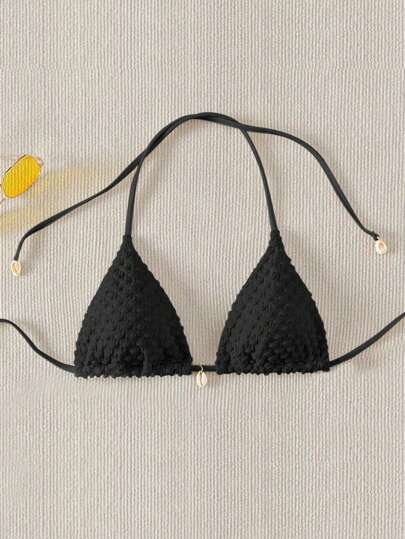 SHEIN Swim 夏日海灘純色紋理頸掛比基尼上衣