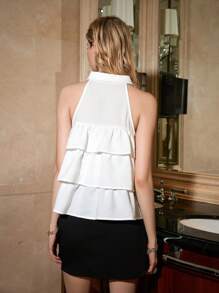 GENKIRA Solid Layered Ruffle Hem Blouse - White - View 2