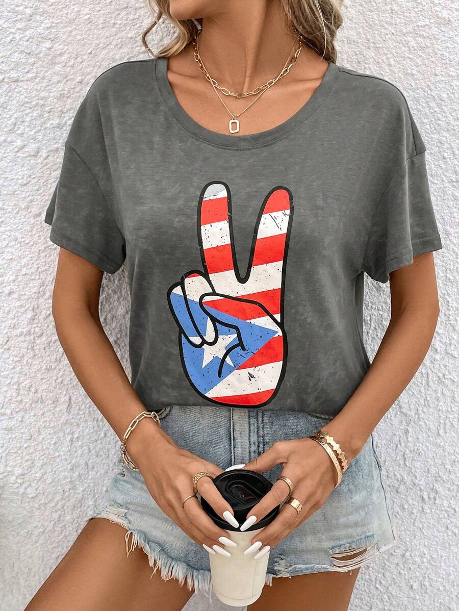 SHEIN LUNE Women's Striped And Star Gesture Printed Drop Shoulder Oversize T-Shirt - Grey - View 1