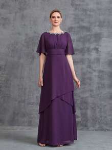 Women's Rhinestone Detail Short Sleeve Chiffon Party Dress - Purple - View 1