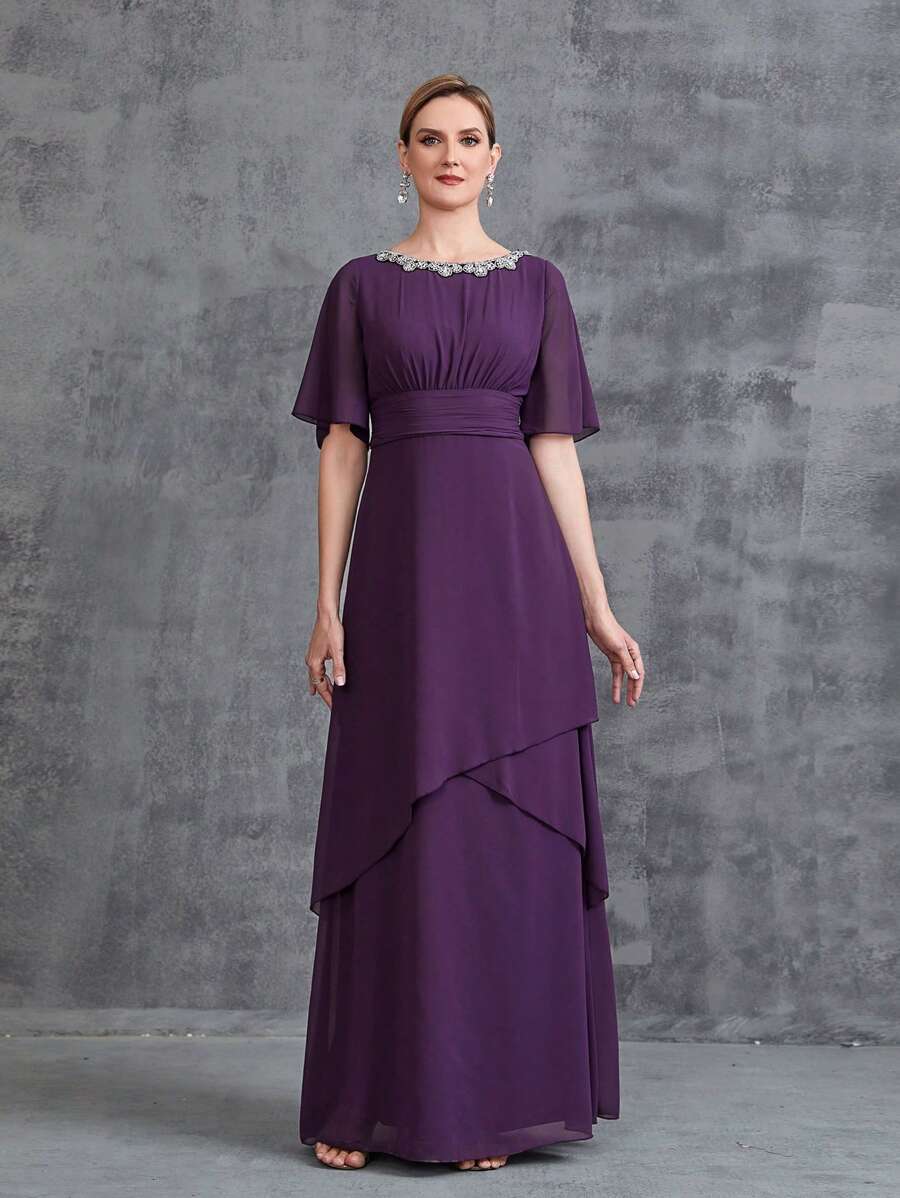 Women's Rhinestone Detail Short Sleeve Chiffon Party Dress - Purple - View 1