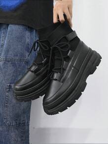 Men's Black Concise Front Lace Up Sock Boots - Black - View 2