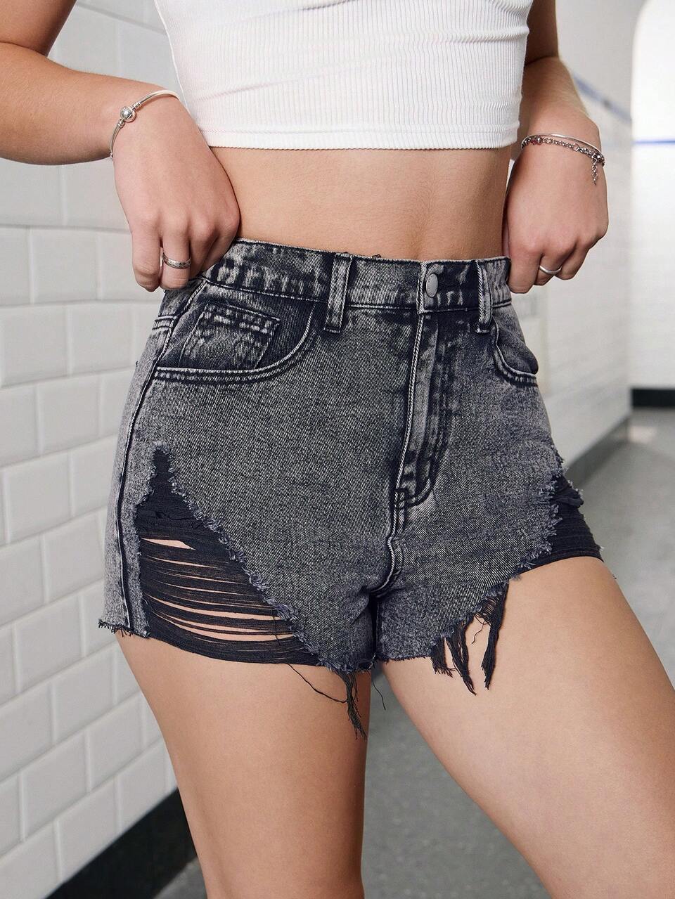 Teen Girl Y2k Black Fashionable Cut-Off Denim Shorts, Casual And Versatile, Washed Look,Spring Summer Boho Jeans Shorts