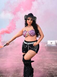SHEIN SXY Plus Size Spring Summer Rave Party Music Festival Country Concert Diamond Chain Neck Halter Top - Multicolor - View 4