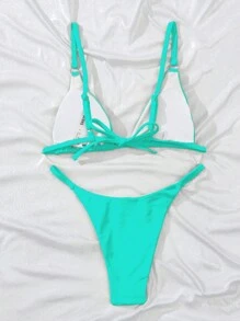 SHEIN Swim Conjunto de bikini de neón de unicolor para mujer con parte superior de micro triángulo, para verano en la playa - verde menta - Ver 2