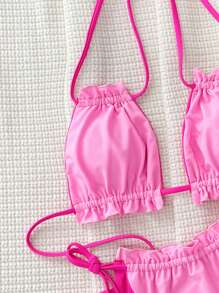 SHEIN Swim Summer Beach Women's Plain Halter Neck Separated Bikini Set With Ruffled Trim - Pink - View 3