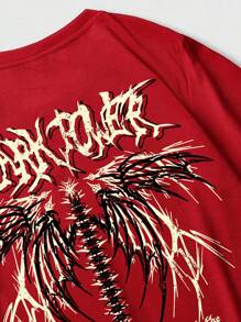 ROMWE MEN Grunge Punk Camiseta de Manga Curta Masculina com Impressão de Asa e Letra, Escola - Vermelho - Visão 4