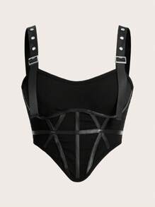 SHEIN ICON Y2k服飾不對稱亮片拼接褶邊背心黑色上衣 - 黑色 - 查看 2