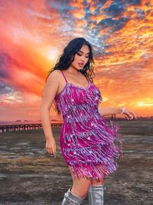 SHEIN SXY Plus Size Spring Summer  Rave Party Music Festival Country Concert Multilayer Fringe Cami Dress - Hot Pink - View 6