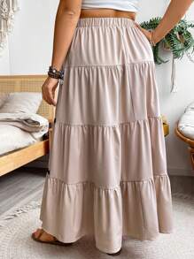 SHEIN Holidaya 大尺碼彩塊彈性腰流蘇裙 - 杏色 - 查看 2