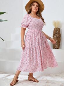 SHEIN VCAY Plus Size Boho Floral Print High Side Split Square Neck Dress, For Summer,Beach Dress Sundress,Holiday Outfits