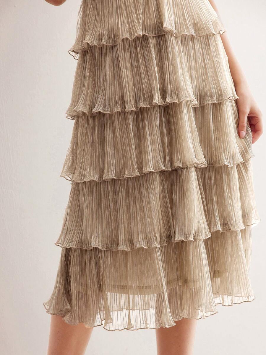 MOTF Petite ELEGANT FASHION PLEATED TEXTURE GLITTER MIDI DRESS FOR WOMEN - Apricot - View 2